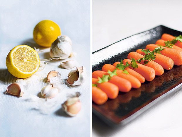Freshly squeezed lemon juice adds acidity and lightens up the sometimes overly dense hummus (left). Baby carrots are a healthier alternative to flatbreads, the de facto hummus dip (right).