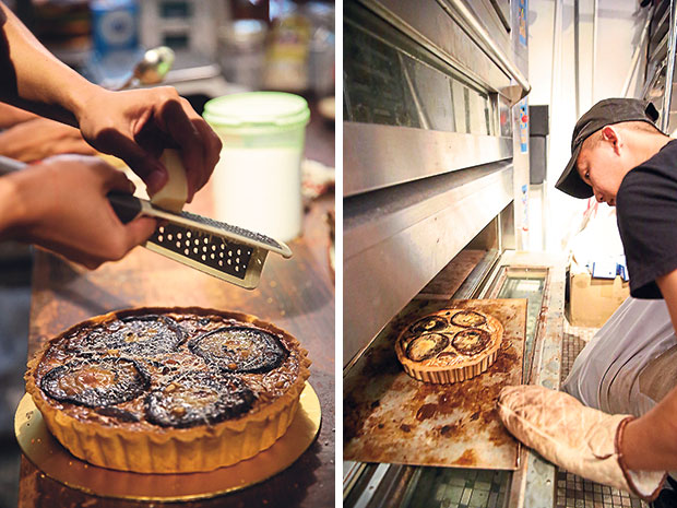 The Portobello mushroom quiche is topped with grated cheese (left). Space is limited hence their menu is limited to only oven baked goods like the quiche (right).