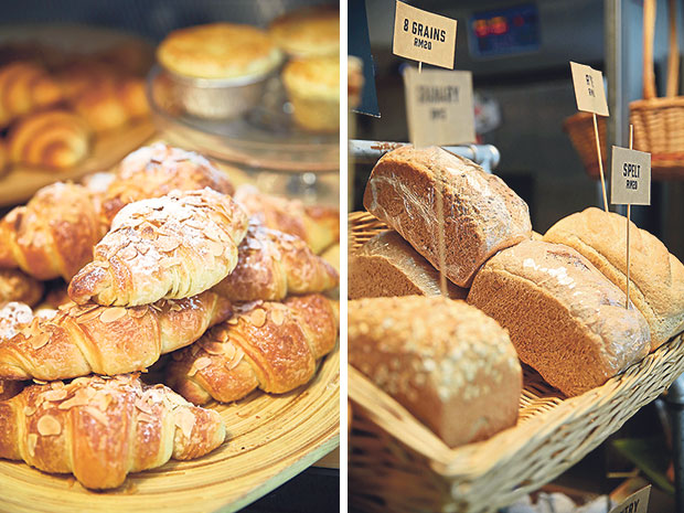 Pick up a croissant or two at Kenny Hills Bakers (left). Expect to find dense breads here that follow The Real Bread Campaign which uses natural stone-milled flour (right).