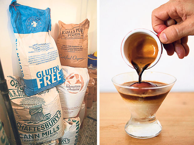 Imported specialty flours from France, England and Australia are used in the breads, including a gluten-free bread available only on Saturdays (left). Cool down in the hot weather with an affogato made with homemade salted caramel ice-cream and a shot of coffee (right).
