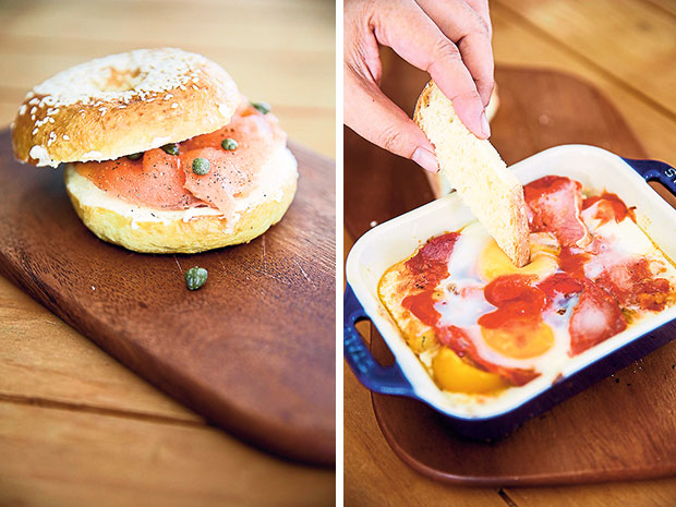 Perfect for a light bite, the bagel is served with smoked salmon, cream cheese and capers (left). Order their delicious eggs flamenco filled with goodies like Spanish chorizo, chickpeas and tomato coulis (right).
