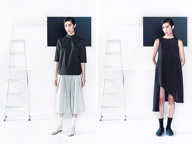 The three-quarter sleeve shirt with buttons is a nod to Asian influences (left). KOZO’s asymmetrical sleeveless dress is a must-have piece for every woman’s wardrobe (right).