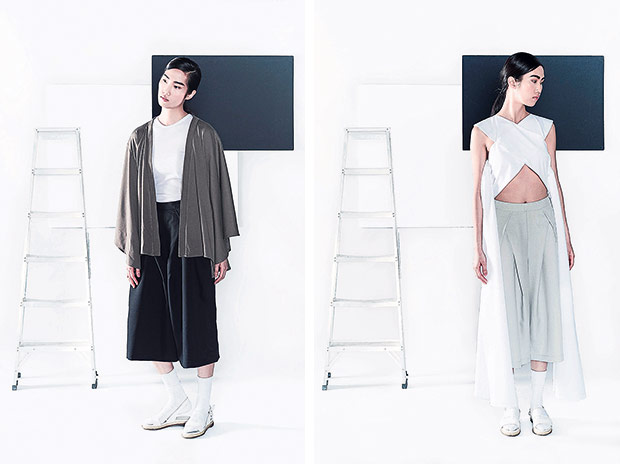 Dress up your outfit with KOZO’s cape, available in black and green (left). Pair KOZO’s signature X-cropped top with cropped pants (right).