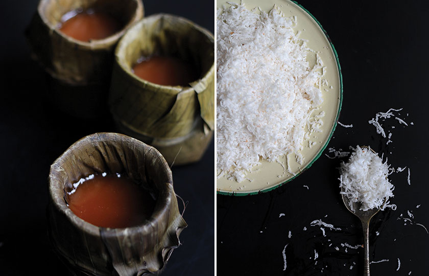 Nian gao, a sticky cake made from glutinous rice flour and brown sugar, is a popular Lunar New Year favourite (left). Freshly grated coconut adds texture and flavour (right)