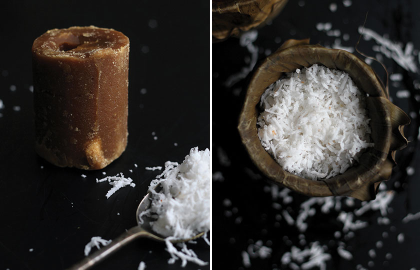 A block of gula Melaka ensures an unmistakable fragrance from the local palm sugar (left). First add the grated coconut — its white colour contrasts nicely against the caramel brown of the nian gao (right)