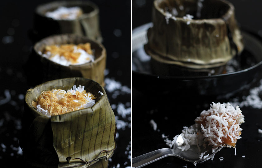 Next add some grated gula Melaka … and the nian gao is ready for steaming! (left). Top with or dip in more grated coconut for an extra kick (right)