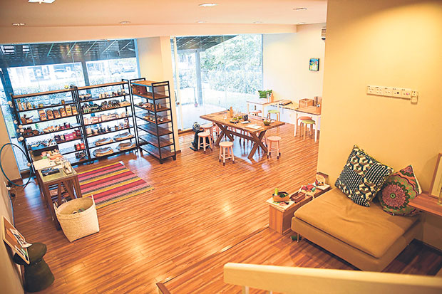 Walk through the glass doors and down the stairs to discover this small space for delicious eats and their small store.