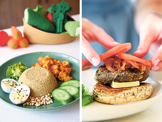 Quinoa Lemak is their take on the classic nasi lemak with quinoa, homemade sambal with tempeh and tofu, toasted pine nuts, hard-boiled eggs and vegetables (left). A recently introduced special is their Portobello mushroom burger, which is served with handout baked sweet potato fries (right).