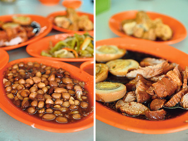 Braised groundnuts in a slightly sweetish gravy that goes well with the bland rice porridge (left). In the spirit of true Teochew tradition, the braised pork with eggs and braised beancurd are dishes that you cannot miss (right).