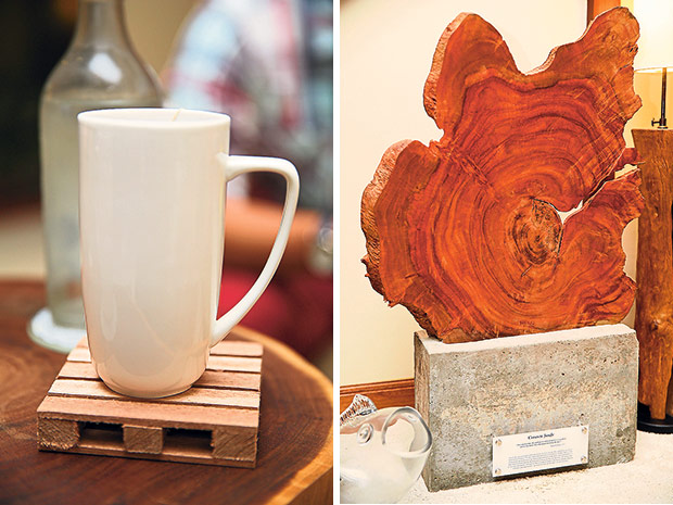 Simple items like coasters are also done by Random Bean (left). The art piece ‘Concrete Jungle’ is a balance of wood and granite (right).