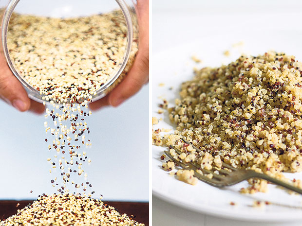 Quinoa is a complete-protein source and originates from the Andean regions of Peru (left). Cooked quinoa needs to stirred vigorously to make it fluffy (right).