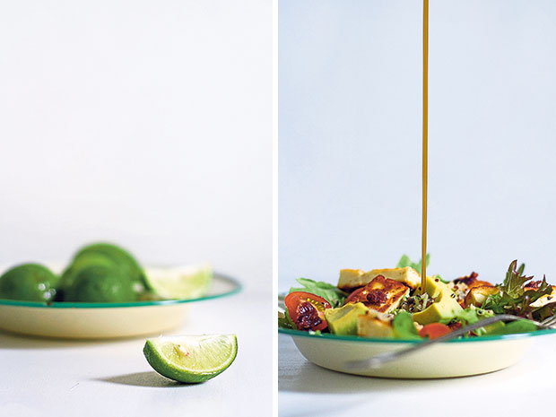 Lime juice can aid in weight loss and improved digestion (left). A dressing made from coconut oil, balsamic vinegar, organic honey and lime juice is both healthy and delicious! (right).