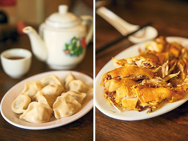 Simple boiled pork and vegetable dumplings can be ordered or bought in frozen packets for home use (left). The menu is also filled with non-spicy items, like this salt-baked chicken (right).