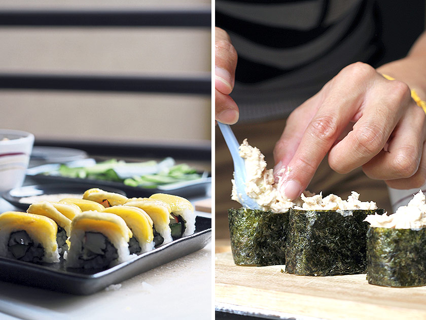 A platter of beautiful uramaki (inside out roll) topped with slivers of mango (left). Topping up cut futomaki (“fat rolls) with tuna-mayonnaise mixture (right)