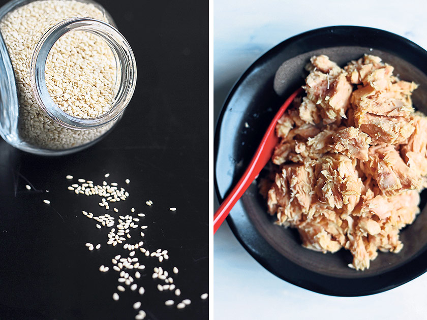 Toasted white sesame seeds add texture to the surface of rolled sushi (left). Use tuna chunks rather than flakes so you can control the consistency of your tuna-mayonnaise mixture (right)