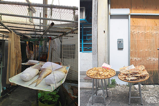 High and dry — homemade salted fish (left). Trays of seafood catching some sun (right)