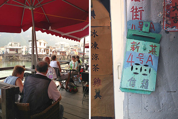 The outdoor deck at Solo Cafe looks out over the water and village houses (left). Tin mailboxes that are ubiquitous here and in the older parts of the city (right)