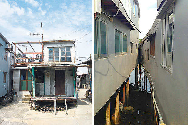 One of many simple container homes in the village (left). Houses stand cheek-to-jowl on water (right)