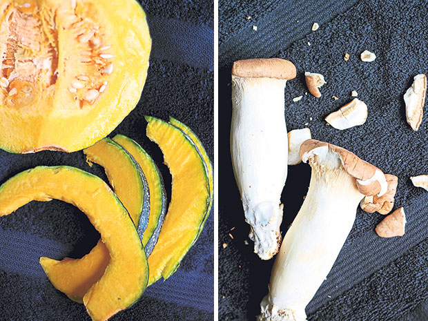 The sweet, nutty taste of squash is highlighted when fried as tempura (left). Oyster mushrooms remain juicy even after frying in batter (right).