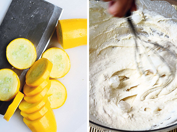 The yellow zucchini’s bright colours will whet your appetite (left). Whisk the tempura batter lightly to prevent gluten from forming (right).