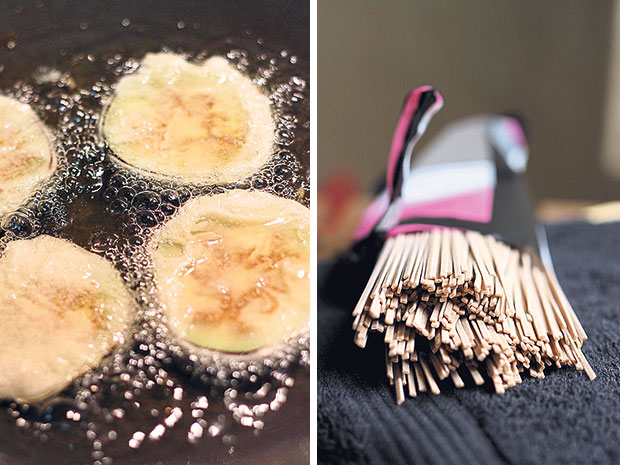Don’t fry more than 3-4 pieces of vegetable tempura at a time (left). Dried soba (buckwheat) noodles (right).