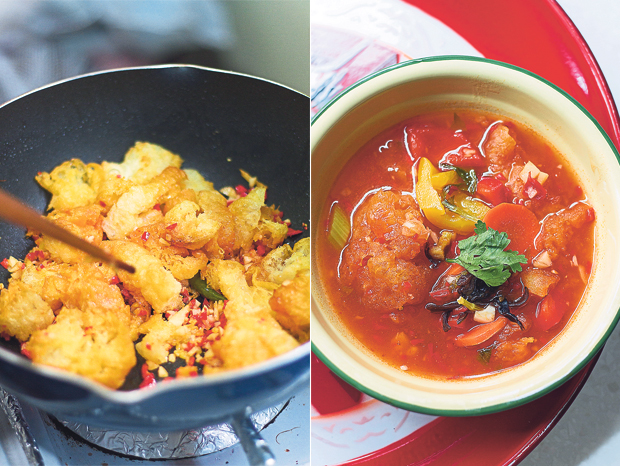 The pre-fried fish maw is fried a second time before rinsing and adding to the final dish to remove any excess oil (left). Sweet and spicy fish maw soup (right)
