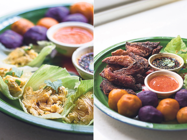 Dress the lettuce pocket of crab meat scrambled egg with some savoury chilli sauce (left). Appetisers are presented in small dishes on a large Chinese-style enamel platter (right)