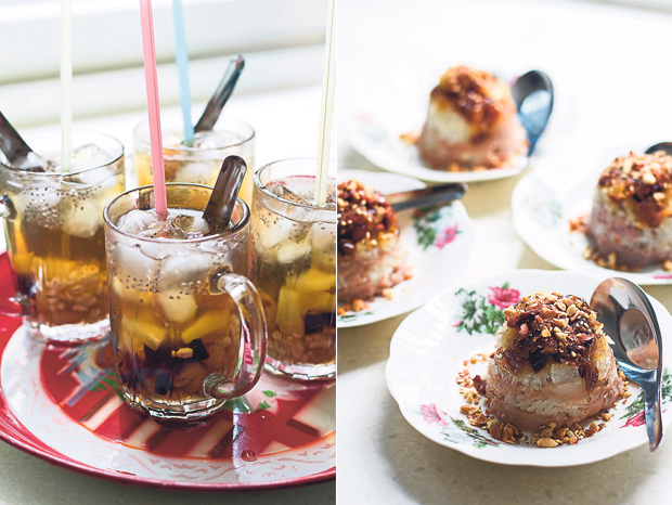 Cham-cham beng, a refreshing drink of cincau (grass jelly), dried longans, barley, pineapple and chia seeds (left) .Hock Chew “Eight Treasures” – glutinous rice layered with red dates, goji berries, yam paste, dried longans, raisins, sesame seeds, peanuts and candied winter melon (right) 