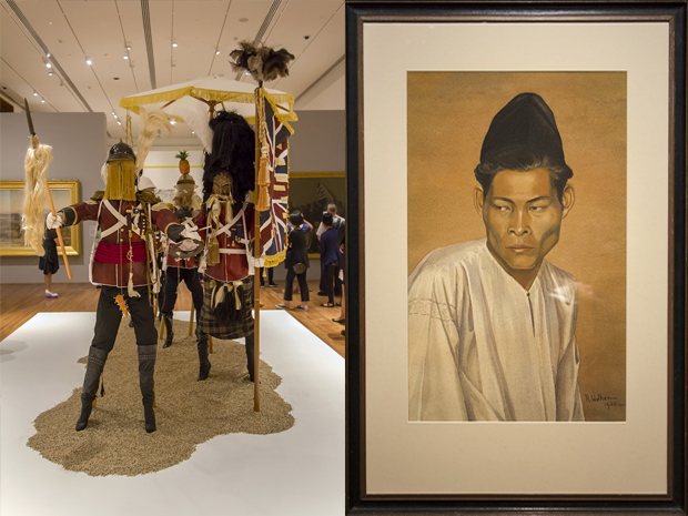 In British Infantry Advance on Jerusalem, 4th of July, 1879 (2015) by Andrew Gilbert, British soldier mannequins are dressed with an incongruous mix of military uniforms and Zulu regalia (left). Ahmat (1930) by Richard Walker (right)