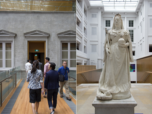 Visitors exploring the National Gallery Singapore (left). Statue of Queen Victoria (1888), a marble sculpture by Emanuel Edward Geflowski (right)