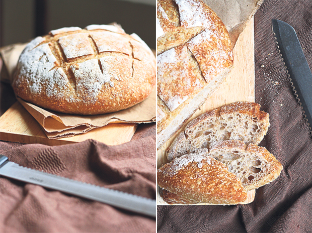 Sourdough bread is crusty and chewy, with a tangy flavour (left). Slice the sourdough bread using a sharp bread knife (right)
