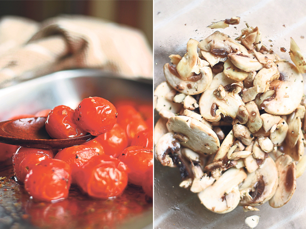 Baked cherry tomatoes (left). Sliced mushrooms (right)