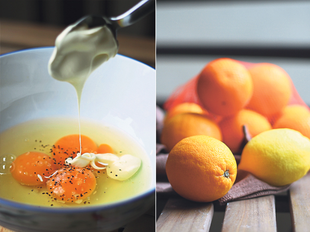 Add Greek yoghurt to the eggs (left). Oranges and a lemon (right)