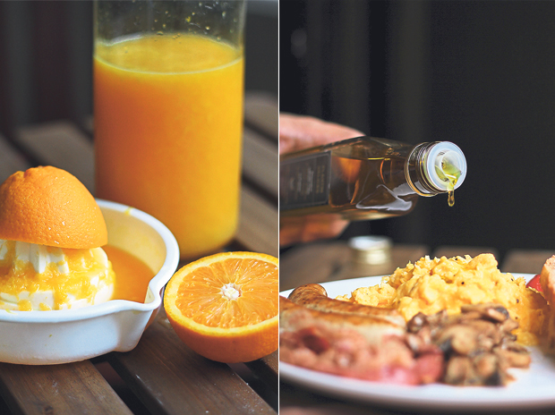 This blend of oranges and a single lemon adds a lovely tang to the juice without being overly sour (left). Drizzle some truffle oil on the eggs if desired (right)