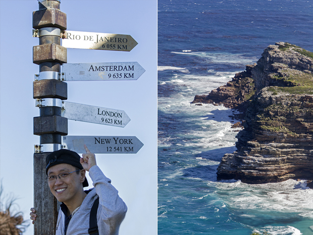 Discover the distances between Cape Point and major cities around the world (left). The wave-washed cliffs of the Cape of Good Hope (right)