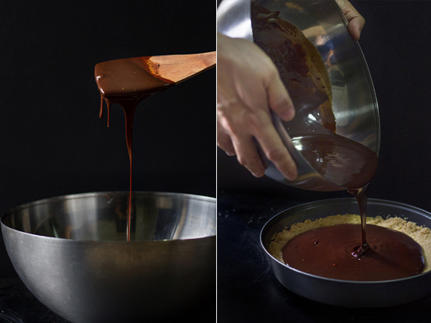 Liquid decadence (left). Pouring the chocolate ganache onto the tart base (right)