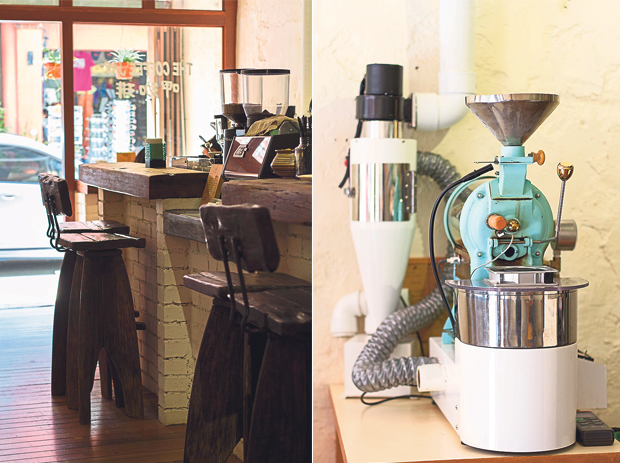 The bar and stools in the café are made from rescued wood (left). The coffee roaster Chong uses to roast coffee beans in small batches (right)