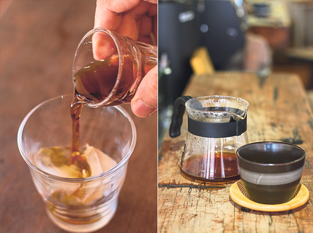Chong makes her own ice drip coffee (left). Black coffee brewed using a siphon, a Japanese filter brewing method (right)