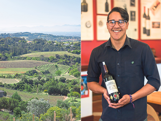 Constantia Valley in Cape Town is wine country (left). A friendly wine leader at Groot Constantia (right)
