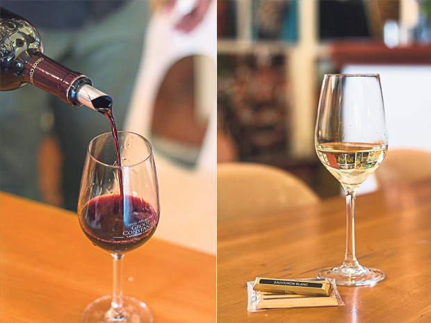 Groot Constantia’s Shiraz 2015 has flavours of blackcurrants and plums, with spicy notes (left). For a different experience, try the wine and chocolate pairing at Groot Constantia (right)