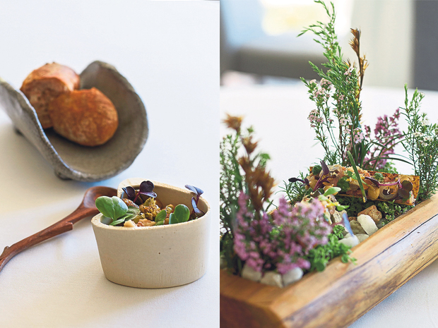 Sourdough, served with bone marrow and pickled fish butter (left). The colourful La Colombe Garden (right)