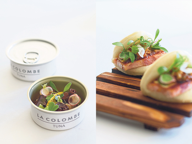 La Colombe’s signature dish of “tuna in a can” (left). Asian steamed pork mantou bun with kimchi (right