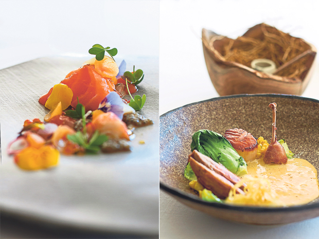Cured Norwegian salmon, king crab, blood orange, melon and wood sorrel (left). Miso-seared scallop, quail, parsnip, braai-ed corn, bok choy and teriyaki sauce (right)