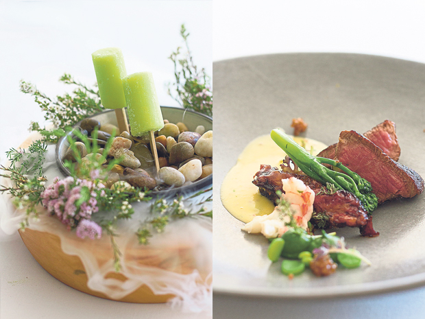 Granny Smith apple lollipops on a bed of liquid nitrogen (left). Chalmar beef, langoustine, oxtail, peas and mustard (right)