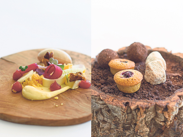 “Three ages” of boerenkaas with onion, rhubarb, walnut and cumin (left). Petit Fours Yirgacheffe, served on a small log (right)