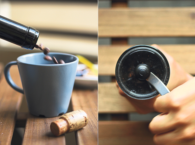 Some roasted coffee beans from your neighbourhood café cum coffee roaster (left). Grinding the coffee beans to brew a fresh cup of coffee (right)