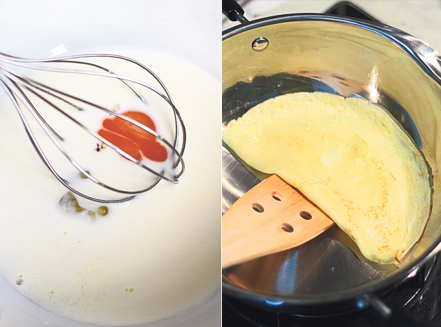 Whisk the milk and eggs till well combined (left). Ready to flip the crêpe (right)