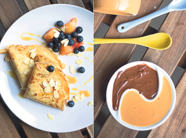 Crêpes with fruit compote, fresh blueberries, almond flakes and a drizzle of honey (left). Nutella and peanut butter: the yin-yang of creamy and rich breakfast spreads (right)
