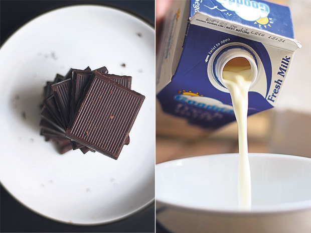 Dark chocolate is a powerful source of antioxidants (left). Use full-cream milk for a richer flavour (right)