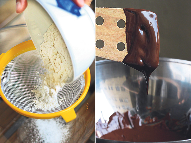 Always sift the flour before using (left). Fresh raspberries add a lovely tartness (right)